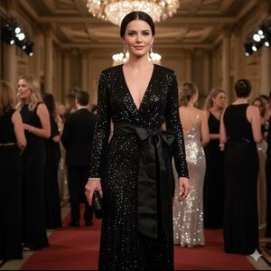 Jovani Full Length Black Sequined Wrap Dress SZ 4